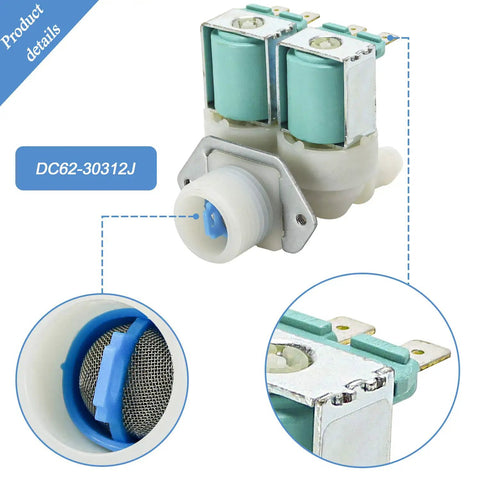 Washer Water Inlet Valve Set Replacement DC62-30312J And DC62-30314K For Samsung And Kenmore Washers Cold And Hot Side Inlet Valves DIY Friendly Install Durable Replacement Kit Fits 1810145 AP4204535 TOMOON close-up of DC62-30312J cold inlet valve