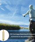 33 Gram CO2 Cartridge Rearming Kit For Inflatable Life Jackets With Half Inch Threaded Cylinders Rapid Inflation Compatible With 3042C And C3042C Includes Tough D Rings For Attaching Accessories shown next to fisherman