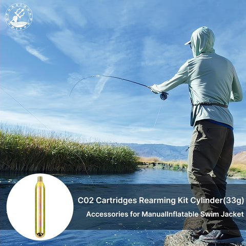 33 Gram CO2 Cartridge Rearming Kit For Inflatable Life Jackets With Half Inch Threaded Cylinders Rapid Inflation Compatible With 3042C And C3042C Includes Tough D Rings For Attaching Accessories shown next to fisherman