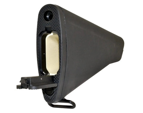 Rear view of A2 Style Fixed Rifle Stock In Black Built From High Strength Reinforced Polymer For Rock Solid Rugged Performance
