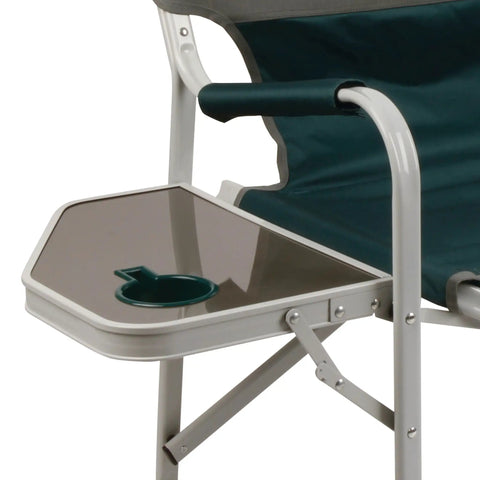 Outpost Elite Folding Camping Chair With Side Table and Cup Holder features sturdy steel frame and padded arms, shown in green.