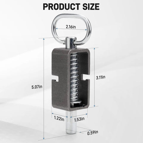 Quality Top Shelf Heavy Duty Trailer Gate Latch Weld On Spring Lock Assembly With Reinforced Latch Pins dimensions on white background.