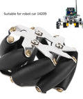 Close-up of four 48mm steel Mecanum wheels with black rollers and mounting plates for robot car 14209