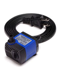 Small Submersible Fountain Pump For Aquariums And Outdoor Fountains, 80 GPH Adjustable Flow, two outlets and power cord shown