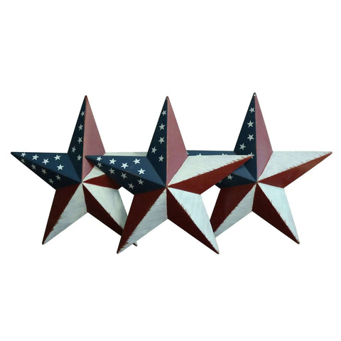 Rustic All American Flag Metal Barn Star Wall Decor Set Of 3, 12-Inch, Hand Painted Finish, Indoor Outdoor Use, Vintage Farmhouse Charm