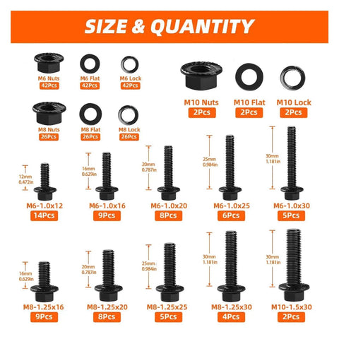 280 Piece Black Hex Bolts Nuts Washers Set M6x1.0 M8x1.25 M10x1.5 sizes and quantities chart