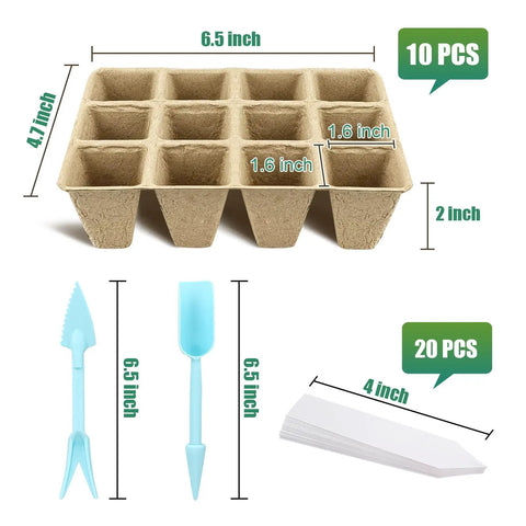 10 Pack Biodegradable Peat Pots And 120 Cell Seedling Starter Tray Set With 20 Plant Labels and tools, dimensions shown