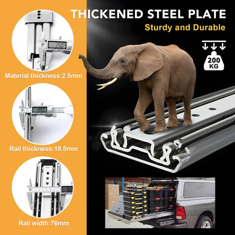 72 Inch Beefy Heavy Duty Drawer Slides 500 Lbs Side Mount Locking Full Extension Ball Bearing Glides showing strength and thickness with elephant on rails.