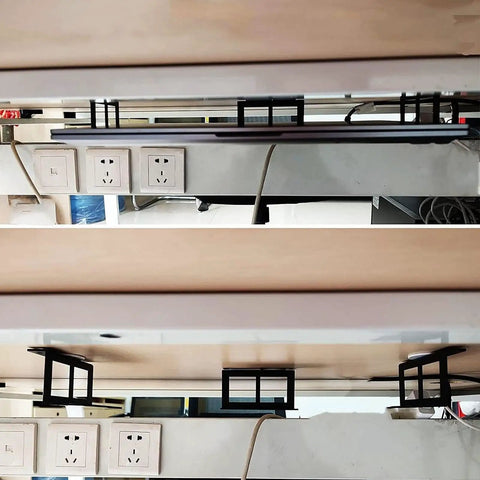 Sleek Under Desk Laptop Mount Bracket Featuring Heavy Iron Screwin Notebook Holder Set For Legit Better Workspace Organization and Serious Hold Clout At Your Compact Home Office Setup, shown installed under a table.