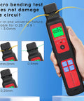 Hand holding Live Fiber Optic Identifier with OPM and 5-in-1 function, LED screen showing measurements, suitable for various fiber sizes