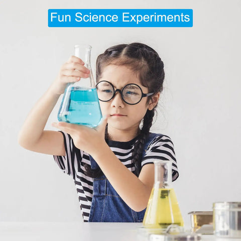 Child holding Three Piece Erlenmeyer Flask Set 250ml 500ml 1000ml Narrow Mouth With Screw Cap Borosilicate Glass Flasks for experiments.
