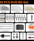 The Ultimate 350 Piece Drill Bit Set For Home Repair And Furniture Assembly Packed With Masonry Bits Driver Bits Spade Bits Hole Saws And Hex Keys To Power Through Any Household Job Without Breaking A Sweat, showcasing various drill bits.