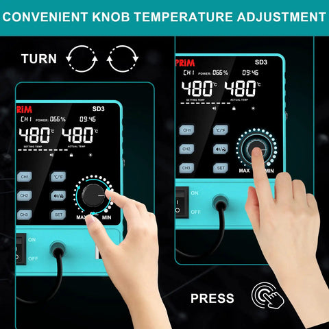 Hands adjusting temperature on the 60W Smart Soldering Station With 110V Input Pro Grade Build Adjustable 392 To 896 F Digital Soldering Iron Station 5 Tips 3 Preset Channels Sleep Timer C To F Switch USB Charging.