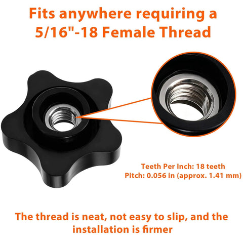 Close-up of Heavy Duty Black Star Knobs Set, 5/16-18 Female Thread showing details and threading, secure installation.