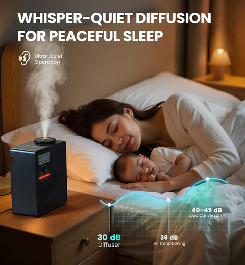 Chill Out Your Space With This Waterless Essential Oil Diffuser featuring smooth Bluetooth app controls, quiet operation near sleeping child.
