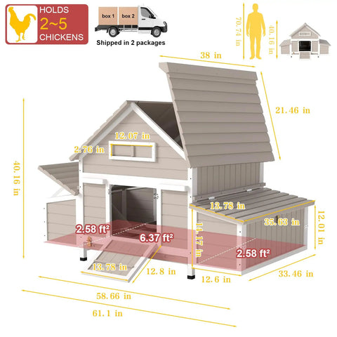 Diagram of large outdoor chicken coop with run for backyard poultry nesting boxes and perches, gray, 61L x 33.5W x 40.2H, rabbit hutch.