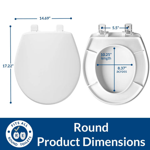 Soft Close Toilet Seat With Durable Plastic, Quiet Hinges That Never Loosen, No Slam, Kid Safe, Round White dimensions