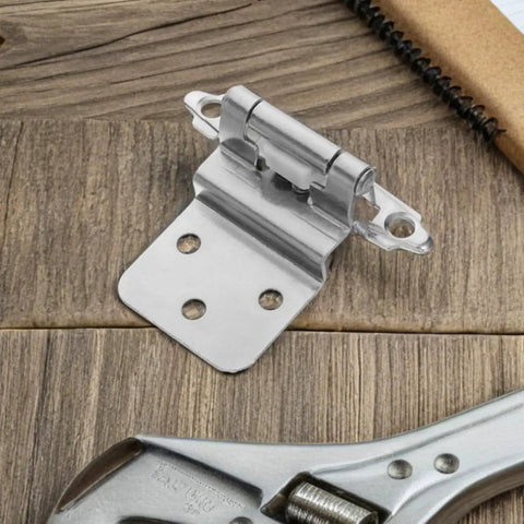 No Slam Soft Close Frameless Inset Cabinet Hinges 4 Pack Flush Mount Silver Iron on wood surface with wrench