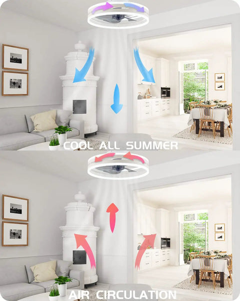 Bladeless Ceiling Fan With Light And Bluetooth Speaker, Flush Mount Low Profile Design, airflow illustration.