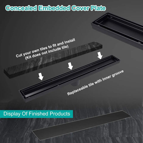 24 Inch Linear Shower Drain With 2 In 1 Flat And Tile Insert Matte Black Brushed 304 Stainless Steel Rectangle Shower Floor Drain Adjustable Easy Install Rust Resistant Premium Finish For Lasting Shower Renovation Built To Last And Leak Proof Performance with embedded cover plate and replaceable tile groove.