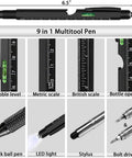 Two Piece Multitool Pen Set For Everyday Carry With Nine In One Steel Pen And Six In One Aluminum Pen Includes Gift Box Bonus Batteries And Refills Perfect Stocking Stuffers And EDC Gadgets For Men Christmas And Birthday Gifts. 9 in 1 multitool pen features black ballpoint, LED light, bubble level, scales, stylus, and bottle opener.
