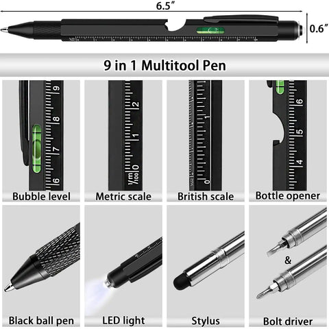Two Piece Multitool Pen Set For Everyday Carry With Nine In One Steel Pen And Six In One Aluminum Pen Includes Gift Box Bonus Batteries And Refills Perfect Stocking Stuffers And EDC Gadgets For Men Christmas And Birthday Gifts. 9 in 1 multitool pen features black ballpoint, LED light, bubble level, scales, stylus, and bottle opener.
