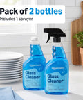 Pack of 2 bottles with sprayer, blue liquid, Streak Free Glass Cleaner For Mirrors And Windows, 32 Fl Oz Bottles, kitchen counter.