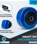 Hella Durable Heavy Duty 4 Inch Polyurethane Caster Wheel Set Of 4 With Secure Swiveling Brakes For Cart Workbenches 2800 Pound Capacity showing blue polyurethane wheel with 700lbs capacity.