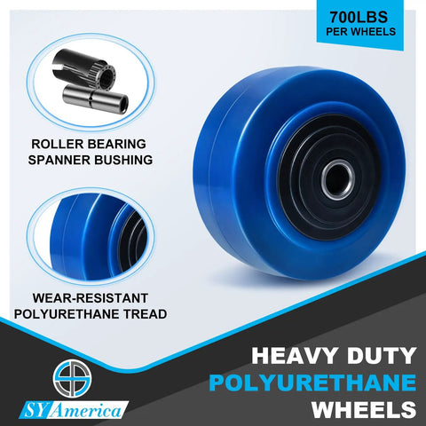 Hella Durable Heavy Duty 4 Inch Polyurethane Caster Wheel Set Of 4 With Secure Swiveling Brakes For Cart Workbenches 2800 Pound Capacity showing blue polyurethane wheel with 700lbs capacity.