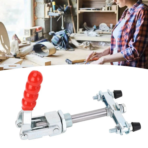 Push Pull Clamp Head With 65.5 mm Stroke And 318 kg Clamping Force Quick Release Elbow Joint Vertical Toggle Clamp For Welding And Woodworking Heavy Duty Secure Hold Tool For Precise Positioning red handle and adjustable rubber tips