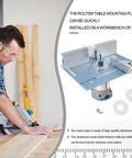 Man using aluminum router insert plate with pre-drilled holes for trimming machines in woodworking setup.