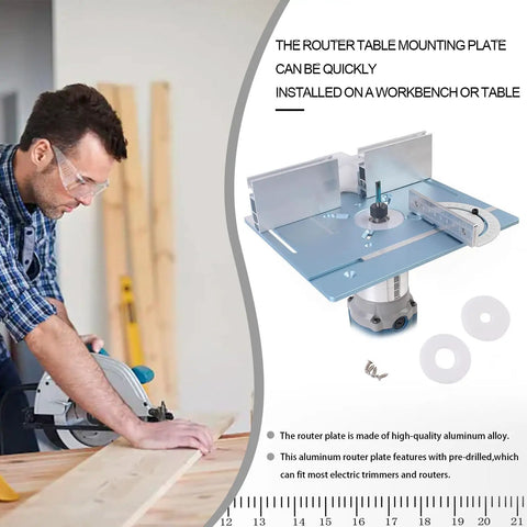 Man using aluminum router insert plate with pre-drilled holes for trimming machines in woodworking setup.