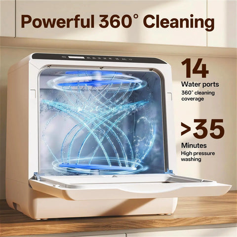 Nifty Portable Countertop Dishwasher For Tight Quarters handles four place settings with powerful 360° cleaning and multiple water ports.