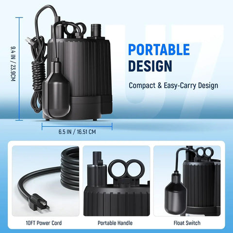 Professional Heavy Duty Submersible Sump Pump With Automatic Float Switch Delivers Kickass 1600 GPH Water Removal And Quiet Basement Drainage For Wet Basements in a portable design.