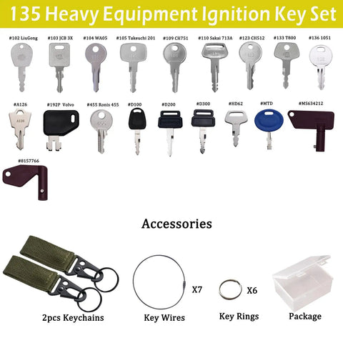 135 Piece Heavy Equipment Keys Master Set Pro Grade Universal Key Kit with accessories for over 3000 machines