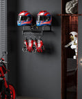 Solid Wood and Metal Motorcycle Helmet Holder Wall Mount with Four Glove Clips, Gear Rack Organizer in a garage setting
