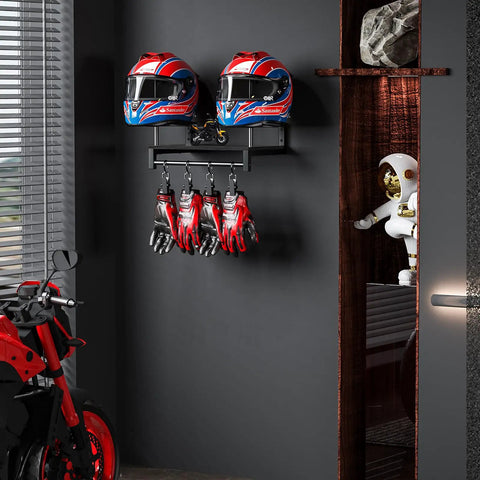 Solid Wood and Metal Motorcycle Helmet Holder Wall Mount with Four Glove Clips, Gear Rack Organizer in a garage setting