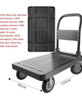 Heavy Duty Foldable Platform Trolley With Smooth As Butter Eight Inch Rubber Wheels And Trustworthy Parking Brake For No Sweat Setup Beast Mode Sack Truck Hauling, showing dimensions and specifications.