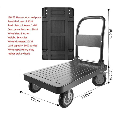 Heavy Duty Foldable Platform Trolley With Smooth As Butter Eight Inch Rubber Wheels And Trustworthy Parking Brake For No Sweat Setup Beast Mode Sack Truck Hauling, showing dimensions and specifications.