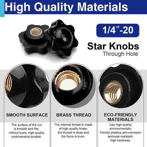 Pack Of 12 1/4-20 Star Knobs Female Thread With Metal Insert Black Nylon Clamping Knobs For Light Duty Machinery Jigs And Fixtures Easy Hand Tightening No Tools Required