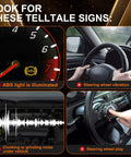 Illustration of ABS light, steering wheel vibration and play, and noise as signs for wheel hub issues