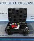 Included accessories of Heavy Duty 120KN Electric Hydraulic Crimping Tool Kit With Sixteen Dies, showcasing charger, batteries, and carrying case.