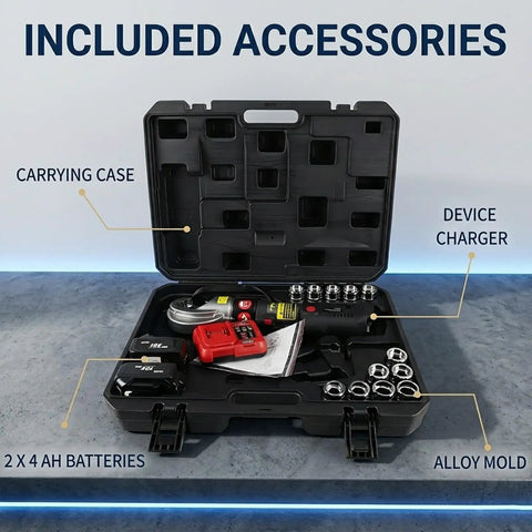 Included accessories of Heavy Duty 120KN Electric Hydraulic Crimping Tool Kit With Sixteen Dies, showcasing charger, batteries, and carrying case.