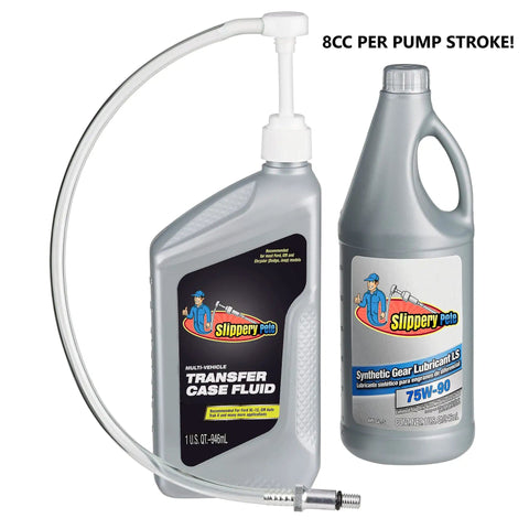 Lower Unit Gear Oil Pump For Outboard Motors Quick Fill With Standard Quart Bottles Three Eighths Inch Swivel Eight Millimeter And Ten Millimeter Adapters Delivers Eight CC Per Stroke For Clean No Fuss Marine Gear Lubrication next to synthetic gear lubricant and transfer case fluid bottles