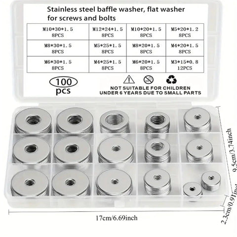 Stainless Steel Fender Washers Set 300-Piece Flat Shim Kit for Screws and Bolts, assorted M3-M12 washers in organizer box