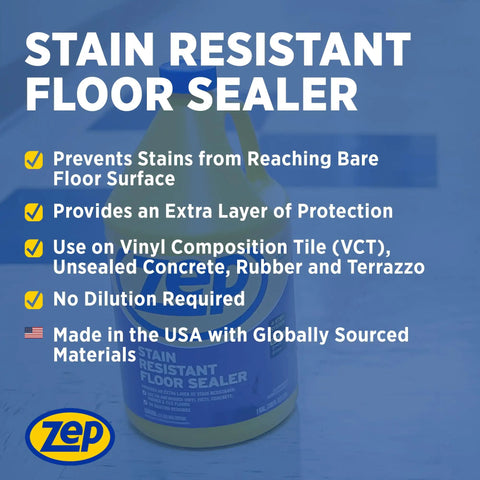 Heavy Duty Stain Resistant Floor Sealer One Gallon Pack Of Four For VCT Rubber And Unfinished Concrete Prepares Floors For Polish No Sweat Application shown on a blue background with features highlighted.
