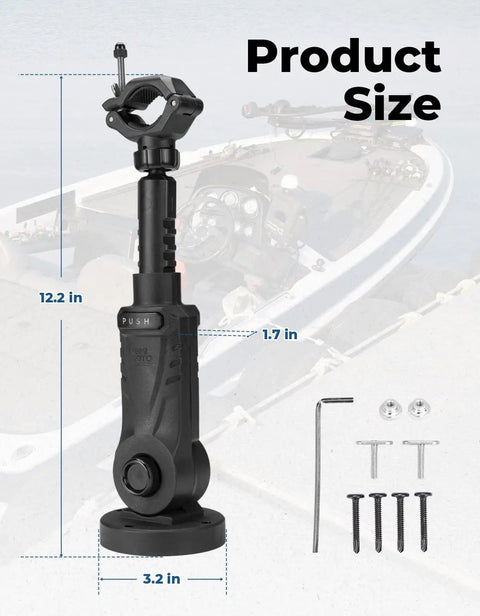 Game Changing Trolling Motor Stabilizer With 180 Degree Rotation, shown with hardware and size dimensions in inches