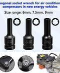 Hexagonal socket wrenches in sizes 6mm, 7.5mm, and 9mm for AC compressors in electric vehicles. Solid As A Rock Half Inch Drive EV Hybrid Socket Kit For Tesla And Mainstream Electric Cars With Battery Disassembly Tools AC Compressor Wrenches Pro Chrome Gear Ready To Roll.