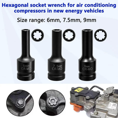 Hexagonal socket wrenches in sizes 6mm, 7.5mm, and 9mm for AC compressors in electric vehicles. Solid As A Rock Half Inch Drive EV Hybrid Socket Kit For Tesla And Mainstream Electric Cars With Battery Disassembly Tools AC Compressor Wrenches Pro Chrome Gear Ready To Roll.