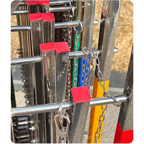 Close-up of Heavy Duty Adjustable Stainless Steel Retractable Safety Gate Featuring Hella Smooth Moving Universal Casters And Rock Solid Brakes.